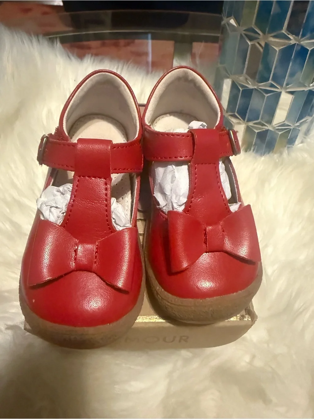 L'Amour Red T-Strap Bow Kids Dress Shoes